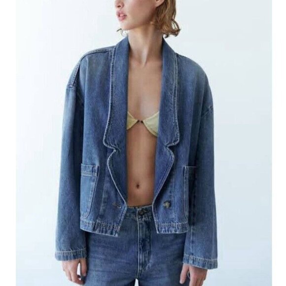 Zara Blue Denim Single Button Oversize Patch Pocket Blazer Shacket Womens L Jean - Picture 1 of 7